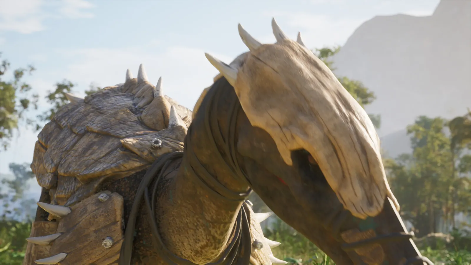 A dinosaur wearing crafted bone armour in Evolution of the Ancients
