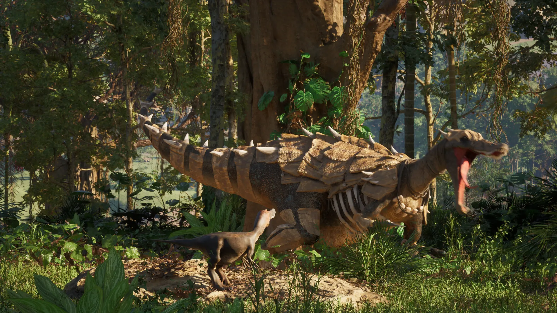 An armoured dinosaur and its young in a sunlit prehistoric forest