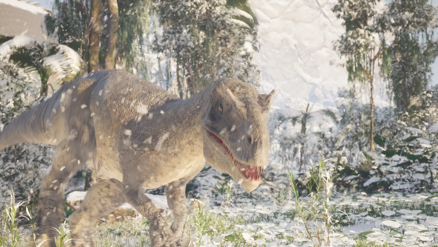 A dinosaur moving through a snow-covered forest