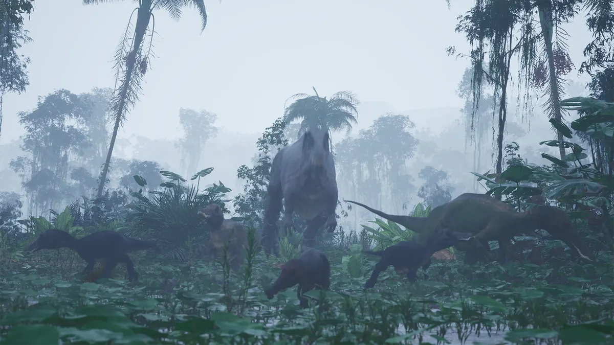 Dinosaurs among tall trees and mist in a prehistoric forest