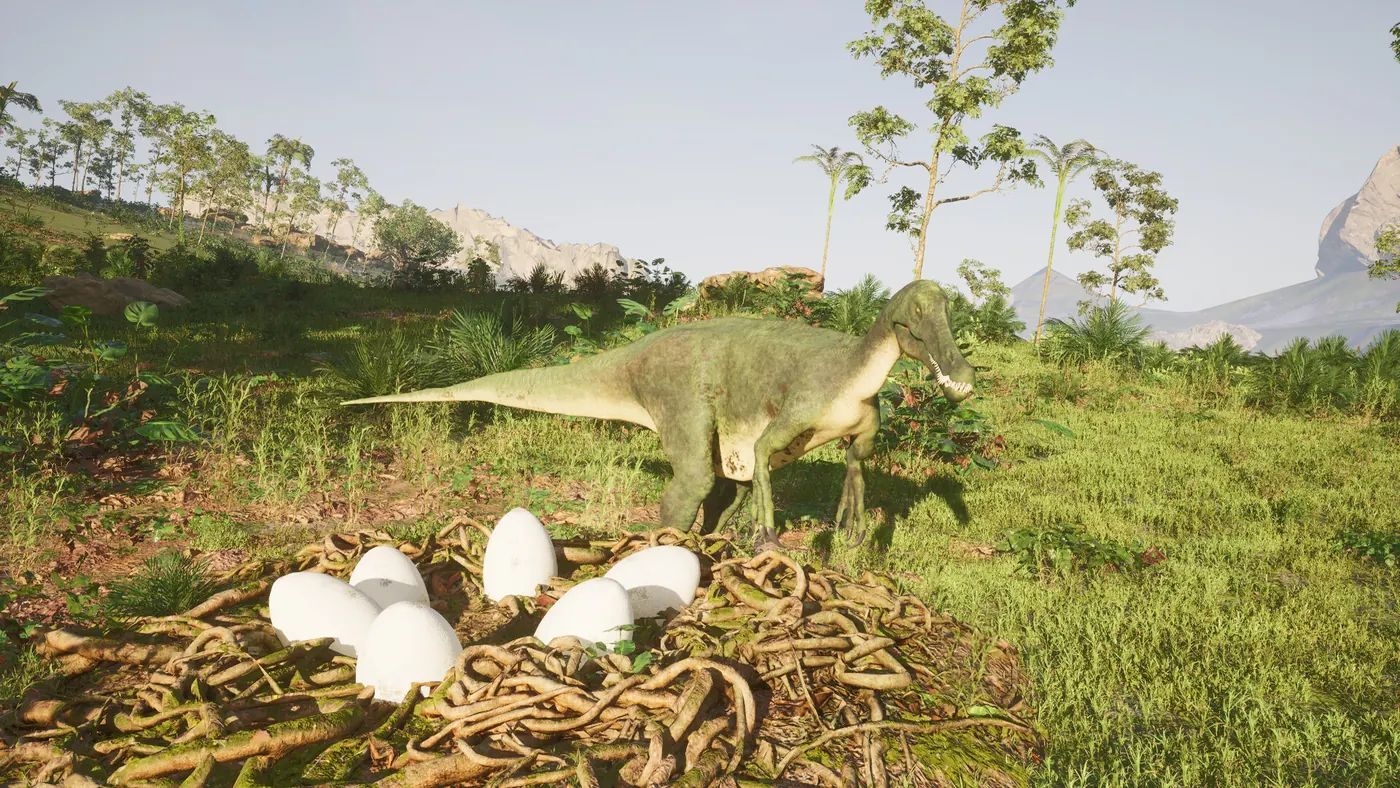 A dinosaur guarding eggs in a nest in a green clearing