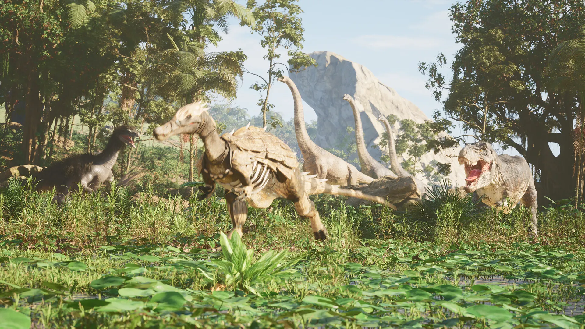 Armoured dinosaurs together in a sunlit prehistoric forest